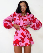 Women's Printed Lapel Long Sleeve Shirt High Waist Slit Skirt  Two-piece Suit