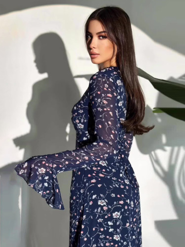 Women's Chiffon Floral Print Long Irregular Dress