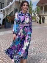 Women's Floral Printed Long Sleeve Pleated Long Dress