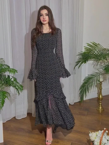 Women's Chiffon Polka Dot Long Irregular Dress