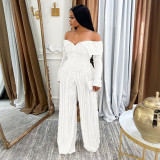 Women sexy  long-sleeved off shoulder top high waisted pants set