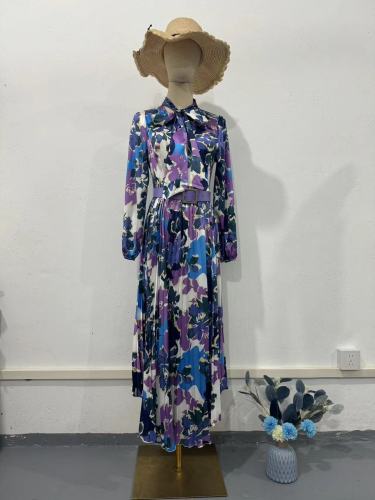 Women's Floral Printed Long Sleeve Pleated Long Dress
