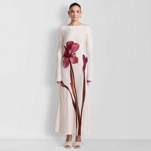 Women long dress holiday style floral print long sleeve dress