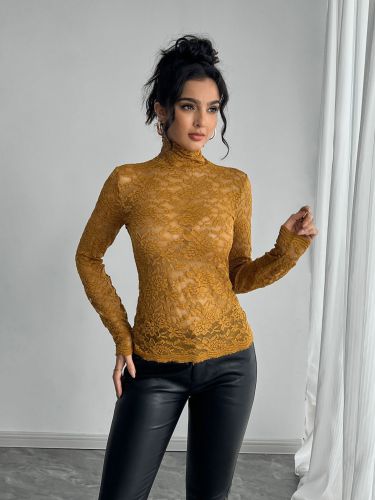 Women's French Lace Long Sleeve Stretch Turtleneck T-Shirt Top