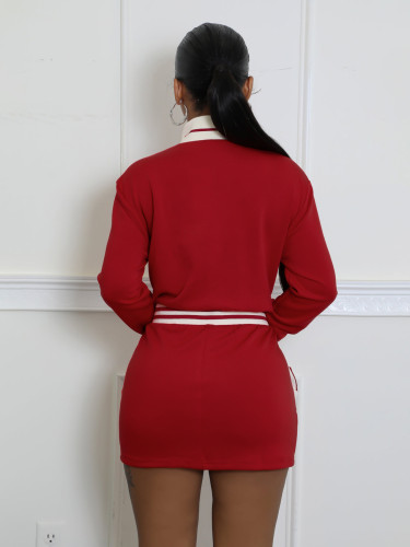 Women's Casual Colorblock Zipper Jacket Long Sleeve Short Dress