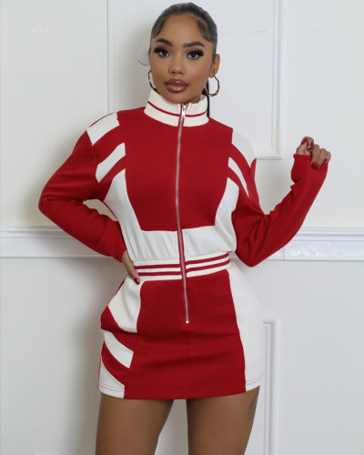 Women's Casual Colorblock Zipper Jacket Long Sleeve Short Dress