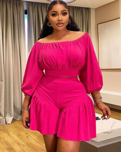 Plus size women's pleated off-shoulder fluffy waist casual two-piece short set