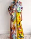 Women's suit printed short-sleeved color matching holiday casual drawstring suit