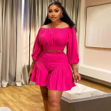 Plus size women's pleated off-shoulder fluffy waist casual two-piece short set
