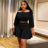 Plus size women's pleated off-shoulder fluffy waist casual two-piece short set