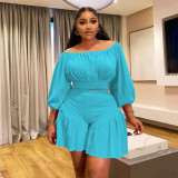 Plus size women's pleated off-shoulder fluffy waist casual two-piece short set