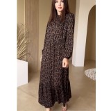 Women elegant tie waist dress single breasted print long dress