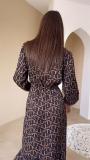 Women elegant tie waist dress single breasted print long dress