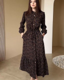 Women elegant tie waist dress single breasted print long dress