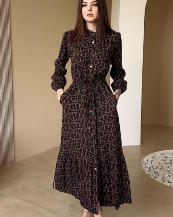 Women elegant tie waist dress single breasted print long dress