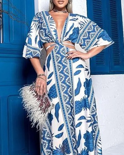 Women's casual holiday V neck printed long dress
