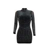 Women's sexy backless rhinestone party long-sleeved short dress