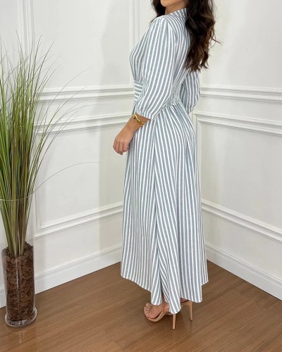 Lady Casual Lapel Striped Print Blouse Dress
