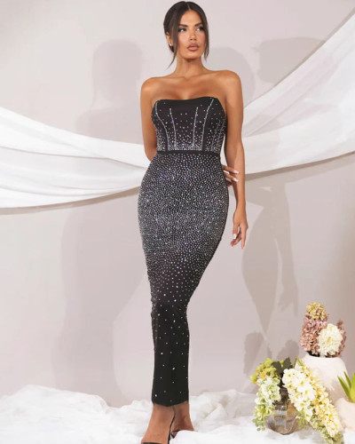 Women's sexy rhinestone elastic slit tube dress