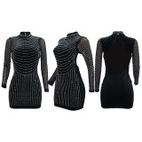 Women's sexy backless rhinestone party long-sleeved short dress