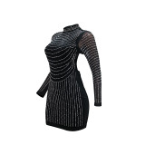 Women's sexy backless rhinestone party long-sleeved short dress