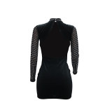 Women's sexy backless rhinestone party long-sleeved short dress