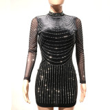 Women's sexy backless rhinestone party long-sleeved short dress