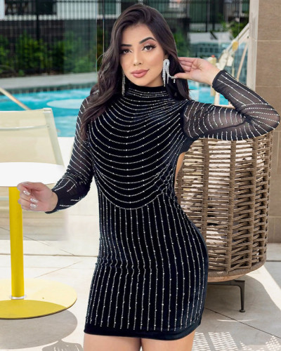 Women's sexy backless rhinestone party long-sleeved short dress