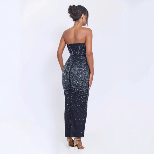 Women's sexy rhinestone elastic slit tube dress