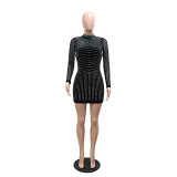 Women's sexy backless rhinestone party long-sleeved short dress