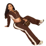 Women's contrast color zipper long sleeve short jacket high waist trousers casual two-piece activewear