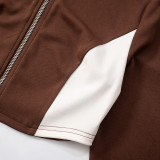 Women's contrast color zipper long sleeve short jacket high waist trousers casual two-piece activewear