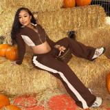 Women's contrast color zipper long sleeve short jacket high waist trousers casual two-piece activewear
