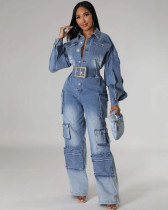 Women's Multi-Pocket Wide Leg Overalls Distressed Denim Jumpsuit