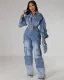 Women's Multi-Pocket Wide Leg Overalls Distressed Denim Jumpsuit