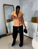 Women's Striped Buttoned Short Sleeve Top Wide Leg Pants Casual Suit