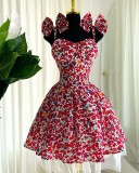 Women's elegant floral sling bow high waist slim A-line short dress