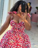 Women's elegant floral sling bow high waist slim A-line short dress