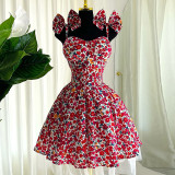Women's elegant floral sling bow high waist slim A-line short dress