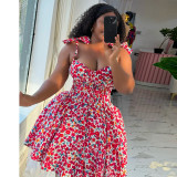 Women's elegant floral sling bow high waist slim A-line short dress