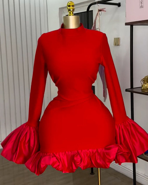 Women Elegant Solid Color Ruffle Cuff Bodycon Party Dress
