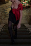 Women's party off-shoulder bow dress sexy slim contrast color dress