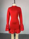 Women Elegant Solid Color Ruffle Cuff Bodycon Party Dress
