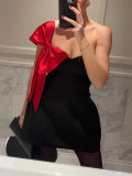 Women's party off-shoulder bow dress sexy slim contrast color dress