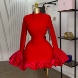 Women Elegant Solid Color Ruffle Cuff Bodycon Party Dress