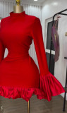 Women Elegant Solid Color Ruffle Cuff Bodycon Party Dress