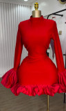Women Elegant Solid Color Ruffle Cuff Bodycon Party Dress