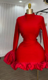 Women Elegant Solid Color Ruffle Cuff Bodycon Party Dress
