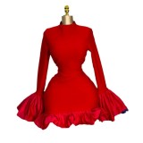 Women Elegant Solid Color Ruffle Cuff Bodycon Party Dress