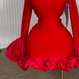 Women Elegant Solid Color Ruffle Cuff Bodycon Party Dress